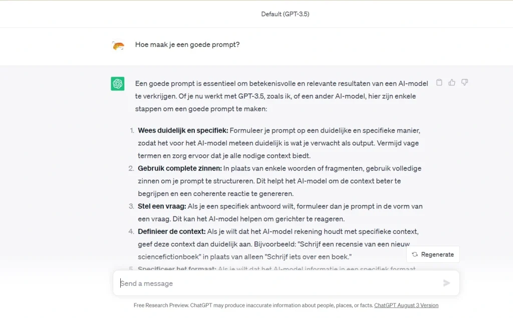 ChatGPT antwoord op hoe je een goede prompt schrijft
